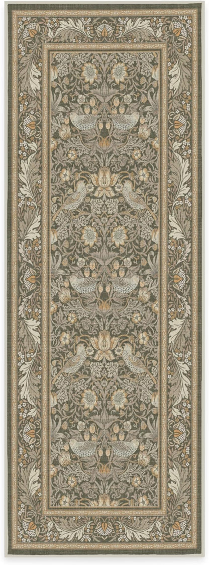 RUGGABLE x Morris & Co Machine Washable Runner Rug – Strawberry Thief Stone Gold 2.5x7, Stain-Resistant, Non-Slip – Washable Rug for Hallway, Entryway, Living Room & Kitchen–with Cushioned Pad