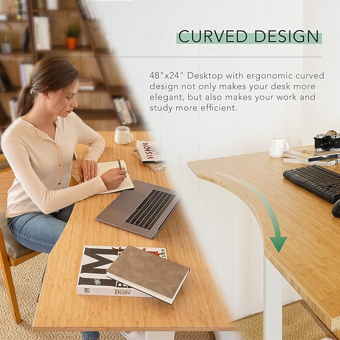 FlexiSpot E6 Bamboo 3-Stage Dual Motor Electric Standing Desk 48 x 24 Sit Stand Up Desk, Holds 220 lbs, Adjustable Height w/ Memory Presets, Solid Bamboo Curved Desktop & Black Frame, Ships in 2 Boxes