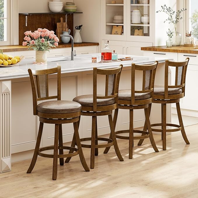 COSTWAY Counter Height Barstools Set of 4, 25” Solid Rubber Wood Swivel Counter Chairs with Faux Leather Seat, Curved PE Rattan Back, for Living Room & Kitchen Island, Brown (4, 25” Seat Height)