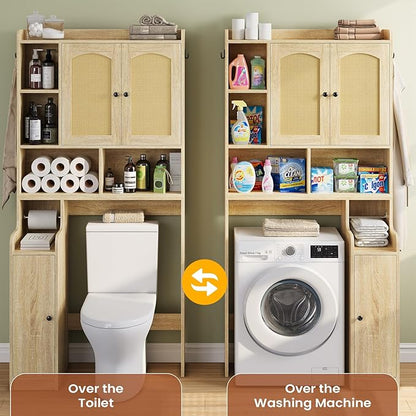 Itaar Over The Toilet Storage Cabinet, Farmhouse Rattan Bathroom Cabinet, Over Toilet Bathroom Organizer with Rattan Barn Doors & Toilet Paper Holder Stand, for Restroom, Laundry