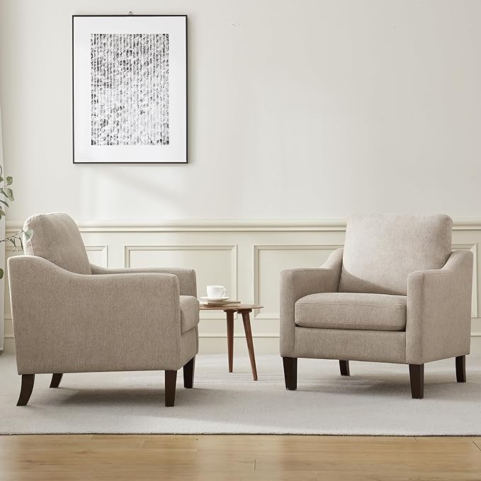 VKNOW Mid Century Modern Accent Chairs Set of 2, Upholstered Living Room Chairs Armchair for Bedroom, Comfy Reading Accent Chairs with Wood Legs for Living Room, Brown
