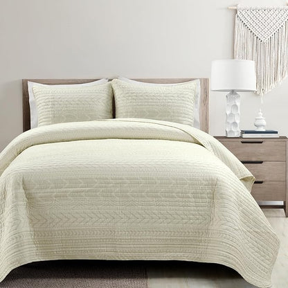 Lush Decor Hygge Geo Pattern Striped 3 Piece Quilt Bedding Set, King, Ivory