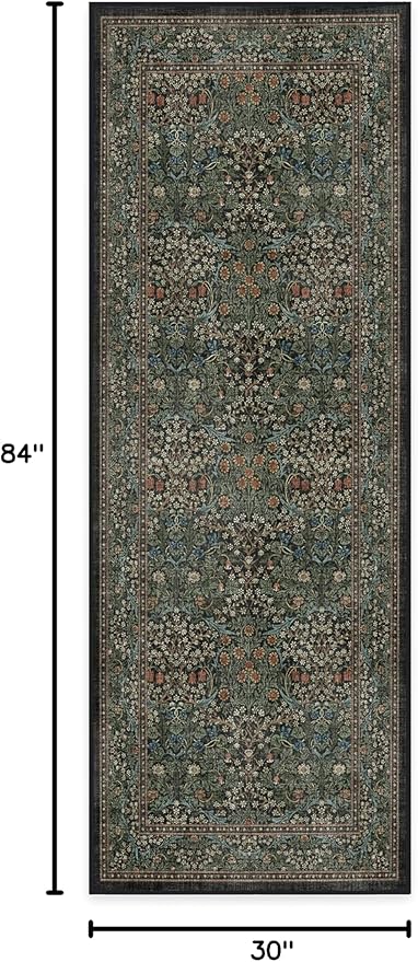 RUGGABLE x Morris & Co Machine Washable Runner Rug – Blackthorn Forest Green 2.5x7, Stain-Resistant, Non-Slip – Washable Rug for Hallway, Entryway, Living Room & Kitchen–with Standard Pad