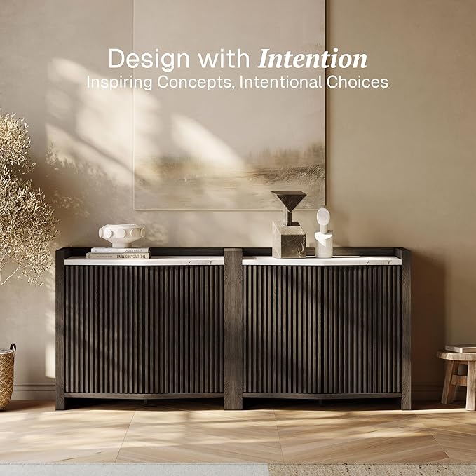 BELLEZE Set of 3 Modular Sideboard Buffet Cabinet with Storage,105'' Modern Credenza with Adjustable Shelves, Fluted Black Console Table with Faux Marble Panel for Kitchen, Entryway, Dining Room