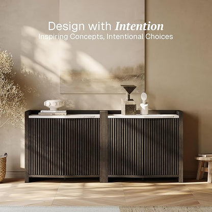 BELLEZE Set of 3 Modular Sideboard Buffet Cabinet with Storage,105'' Modern Credenza with Adjustable Shelves, Fluted Black Console Table with Faux Marble Panel for Kitchen, Entryway, Dining Room