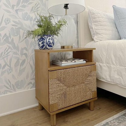 Nathan James Beacon Wood Nightstand, Bohemian Accent Table or Sofa Side Table with Seagrass Door for Bedroom or Living Room, Light Brown