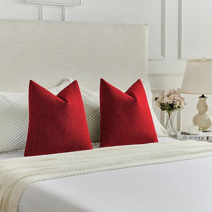 FUTEI Christmas Red Chenille Decorative Throw Pillow Covers 12x20 Inch Set of 2,Soft Cozy Faux Linen Textured Lumbar Pillow Cases,Farmhouse Home Decor for Couch Living Room