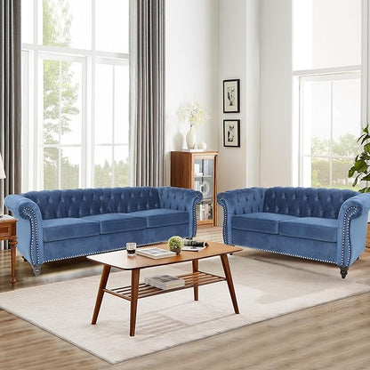 Velvet Sofa Couches Set, 3-Piece Mid Century Modern Upholstered Couch with Cushions, Home Sofa Sectional Furniture Sets, Comfy Tufted Chesterfield Couches for Living Room, Bedroom, Office