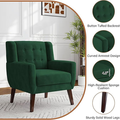 Lumibee Accent Chairs Set of 2, Velevet Fabric Armchairs for Living Room, Comfy Upholstered Arm Chairs Tufted for Indoor Bedroom Office Room (Retro Green Velvet)