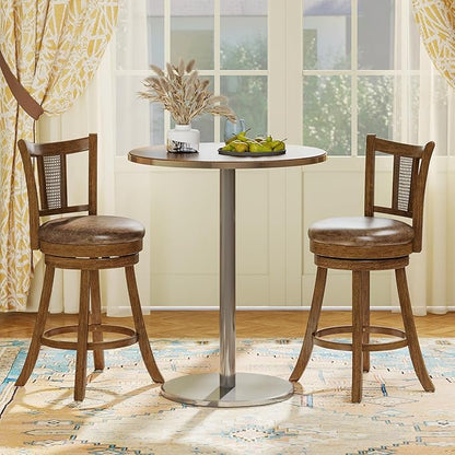 COSTWAY Counter Height Barstools Set of 2, 25” Solid Rubber Wood Swivel Counter Chairs with Faux Leather Seat, Curved PE Rattan Back, for Living Room & Kitchen Island, Brown (2, 25” Seat Height)