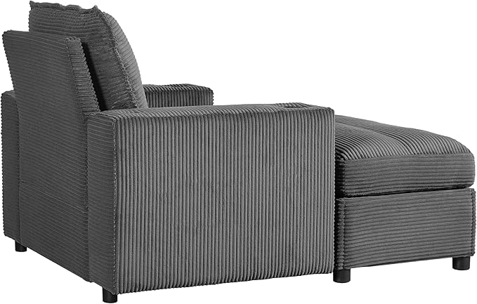 Christopher Knight Home Zoe Oversized Chaise Lounge Chair Indoor with Cup Holders & USB Charging Port, Corduroy Upholstered Sofa Bed + Ottoman with Storage, Comfy Deep Seat Sleeper Sofa Chair, Grey