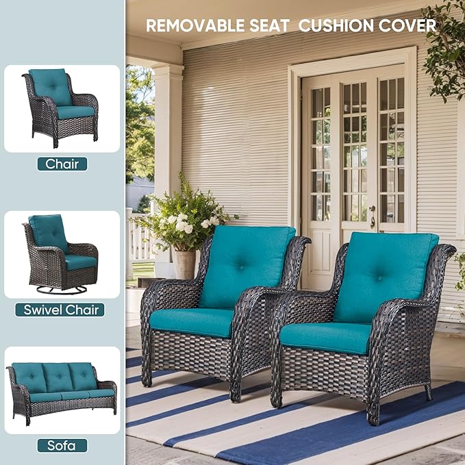 7-Piece Outdoor Patio Cushion Set - Fade & Water Resistant with Removable Olefin Cover, 22x24x4 Inch Memory Foam Cushions for Wicker Sectional Sof - Peacock Green/Buckle