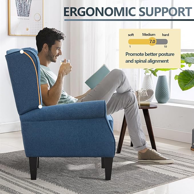 Accent Chairs, Mid Century Blue Bedroom Reading Seats in Fabric, Modern Living Room Single Upholstered Sofa Couch, Elegant High Wingback Arm Chair for Adults, Sillones para Sala