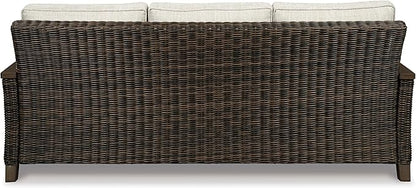 Signature Design by Ashley Paradise Trail Outdoor Patio Sofa with Cushion and 2 Throw Pillows, Cleanable Performance Fabric, Resin Wicker, Brown & Beige
