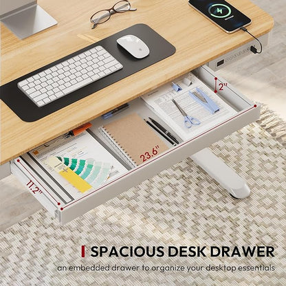 Standing Desk with Drawer, Electric Height Adjustable Home Office Desk with Storage & USB Ports, 48 inch Maple Wood Tabletop/White Frame