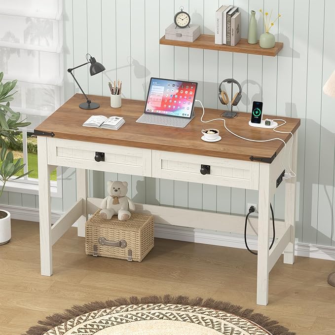 Farmhouse Computer Desk with 2 Drawers, 39 Inch Small Office Computer Desk with Power Outlets, Compact Writing Study Desk for Small Spaces, Antique White