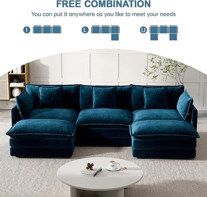 Modular Sectional Sofa, 111.5 Inch U-Shaped Cloud Sofa with Deep Seat Chenille Sofa with Cushions, Three-Self Sectional Sofa for Living Room Apartment,Blue