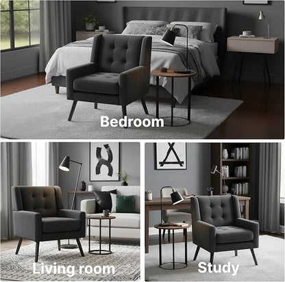 Mid-Century Modern Accent Chair Set of 2, Plush Linen Fabric with Button Tufted High Back & 5" Thick Cushion, High Comfort Reading Chair for Living Room, Bedroom, Office (Black)