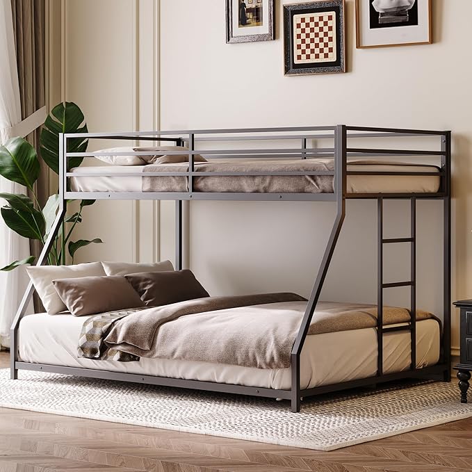 Bellemave Twin Over Full Bunk Bed Frame with Convertible Ladder, Heavy Buty Floor Bunk Bed Twin Over Full Bunk Beds with Full Length Guardrail, Black