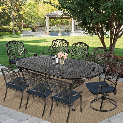MEETWARM 9-Piece Outdoor Patio Dining Set, All-Weather Cast Aluminum Patio Conversation Set with 2 Swivel Rocker Chairs, 6 Stationary, 1 Oval Table, 8 Cushions, 2" Umbrella Hole, Navy Blue
