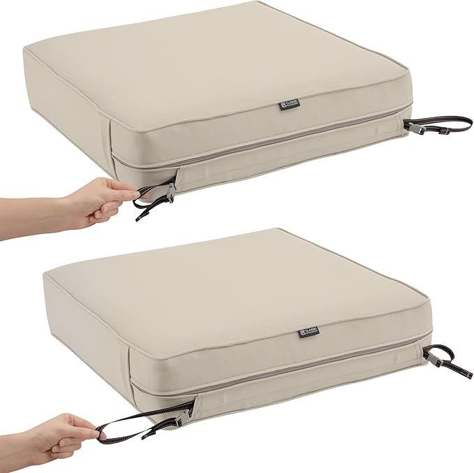 Classic Accessories Montlake Water-Resistant 23 x 25 x 5 Inch Rectangle Outdoor Seat Cushion, Patio Furniture Chair Cushion, Antique Beige, Patio Furniture Cushion Covers