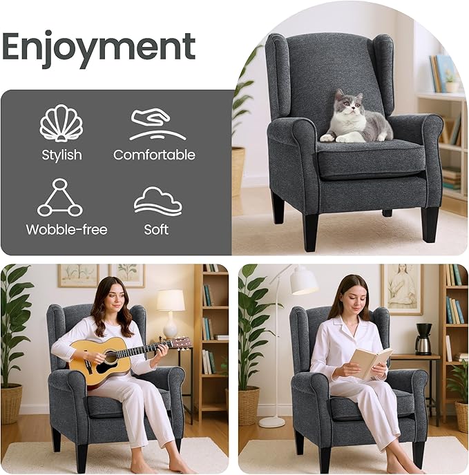 Dark Grey Accent Chairs, Modern Living Room Single Wingback Sofachair, Classic Bedroom High Back Reading Seats, Bussiness Upholstered Arm Chairs for Office, Guest Room