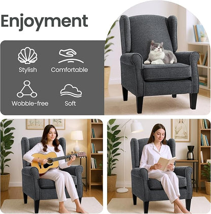 Dark Grey Accent Chairs, Modern Living Room Single Wingback Sofachair, Classic Bedroom High Back Reading Seats, Bussiness Upholstered Arm Chairs for Office, Guest Room