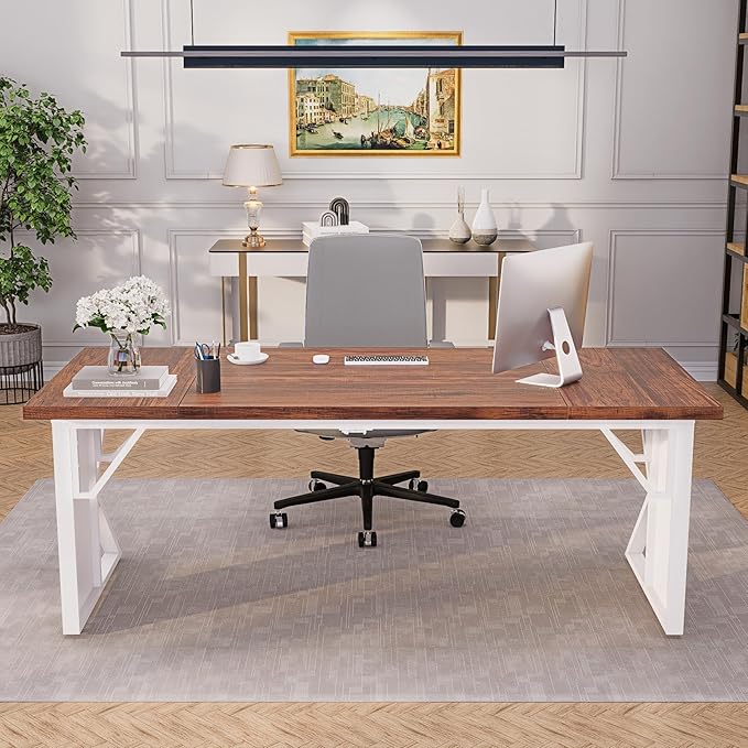 70.8" Large Home Office Compute Desk,Modern Heavy-Duty Excutive Office Desk,Workstation Write Table for Home Rustic Brown Table-top/White Metal Frame with Mirrors