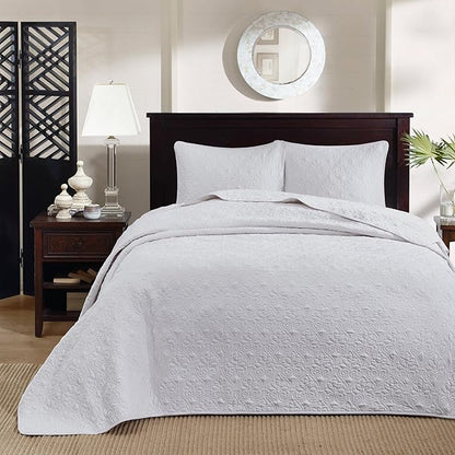 Madison Park Quebec Reversible Quilt Set Damask Design, Double Sided Stitching All Season, Lightweight Bedspread Bedding Set, Matching Sham, White, Full(96"x110") 3 Piece