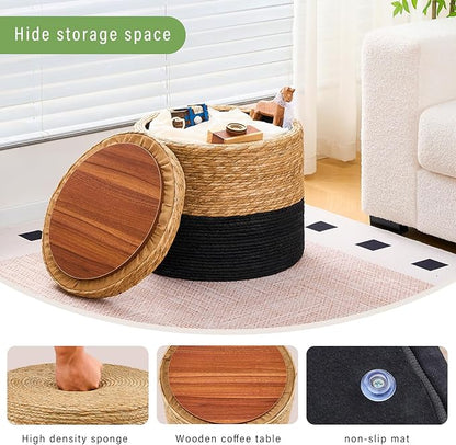 Wimarsbon 18'' Ottoman Pouf, Natural Braided Poof, Rustic Handweave Lounge Pouffe, Boho Footrest Stool for Bedroom, Accent Table for Living Room (Storage - 18inch Cattail+Black Corn Husk L)