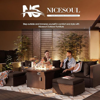 NICESOUL 10 Piece Outdoor Patio Furniture Set with Fire Pit Natural Gas/Propane, 29.3'' High-Back XL Big Size Wicker Sectional Sets, Deep Wide Sofa Couch for Outside, Brown Rattan and Grey Cushion