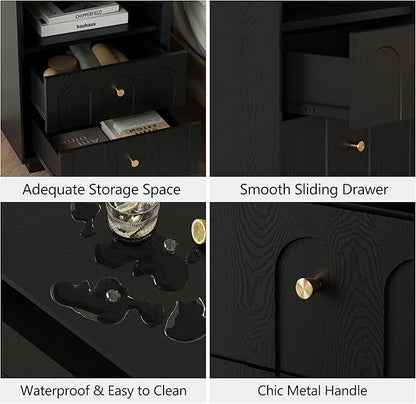 Nightstand with Charging Station, Modern Nightstand with Arched Design, Minimalist End Table with Wood Grain Texture, Bedside Table for Bedroom Living Room Sofa Office, Black