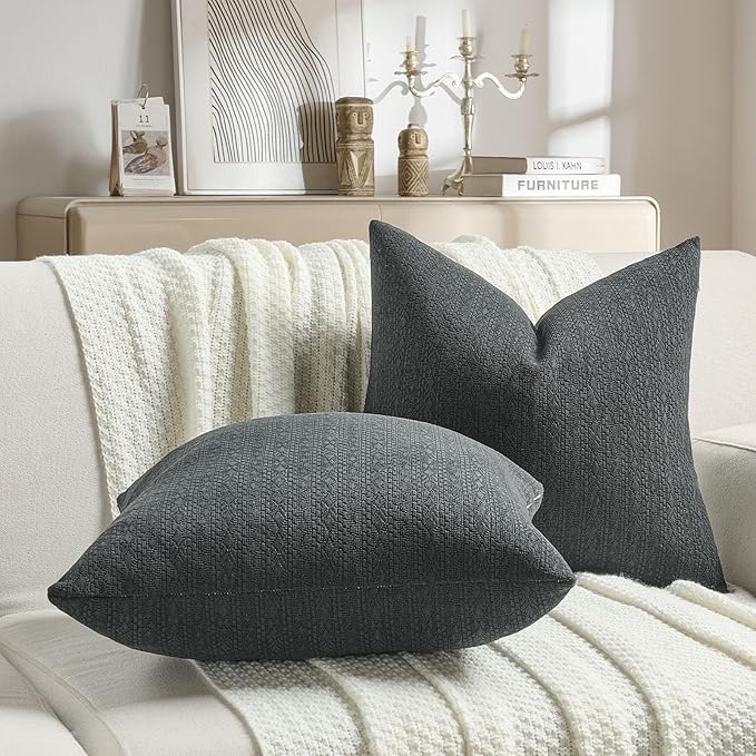 FUTEI Dark Grey Chenille Throw Pillow Covers 22x22 Inch Set of 2,Soft Striped & Diamond Textured Cushion Cases,Modern Home Decor for Couch Living Room