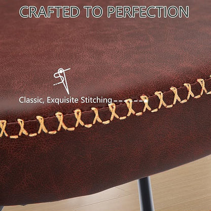 Rattan Dining Chairs Set of 6, Wine Leather Upholstered Dining Chairs with Rattan Cane Back, Mid Century Modern Dining Room Chairs with Black Metal Legs & D-Shaped Thicken Cushion, Wine