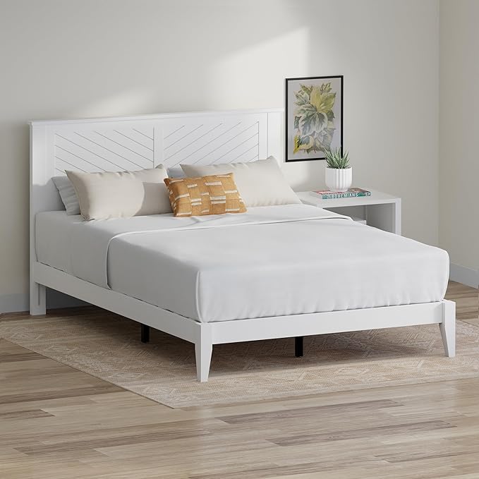 Serene Farmhouse Style Wood Bed in Queen Size with Chevron Scoring Headboard, Coastal Modern Design, Sturdy, Easy Assembly, Ample Underbed Storage, White Finish
