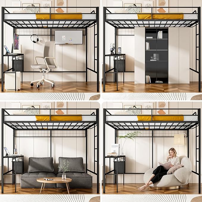 Queen Over Twin Bunk Bed with Desk - Detachable Queen Loft Bed with Drawers & Shelves, L-Shaped Create Spacious Home Office or Lounge Underneath - Sturdy Metal Frame Family-Friendly for All Ages
