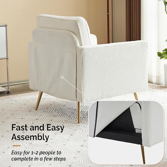 VINGLI Upholstered Living Room Chairs White Accent Chair Fluffy Teddy Fabric Mid Century Modern Sofa Chairs with Arms, Gold Legs for Reading, Bedroom, Waiting Room