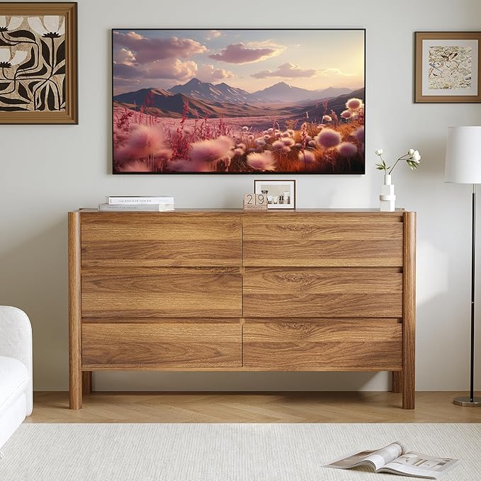 Dresser for Bedroom with 6 Drawers,47" Wide Walnut Dresser with 4 Solid Wood Legs, Wooden TV Stand,Closet Clothes Organizer for Bedroom, Hallway
