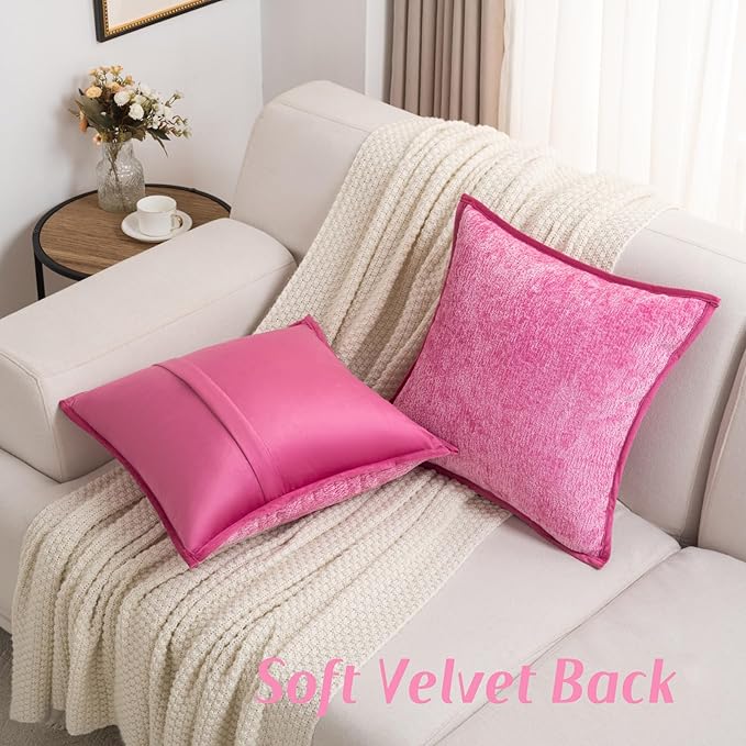 FUTEI Hot Pink Chenille Throw Pillow Covers 20x20 Inch Set of 2,Soft Cozy Bound Edge Design Cushion Case,Home Decor for Couch Bed Living Room
