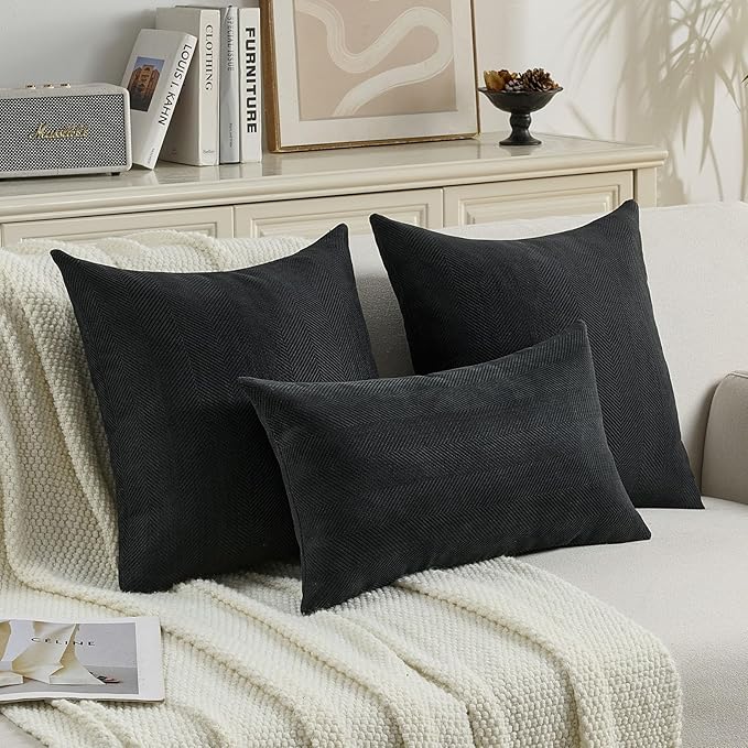 FUTEI Black Chenille Throw Pillow Covers 16x16 Inch Set of 2,Soft Wide Chevron Textured Cushion Case,Farmhouse Home Decor for Couch Bed Living Room