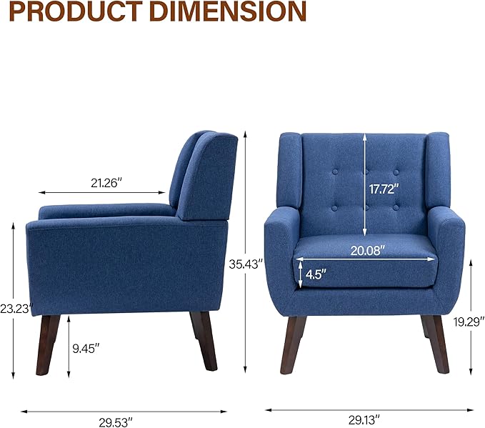 Accent Chairs Set of 2, Modern Fabric Armchairs for Living Room, Comfy Upholstered Arm Chairs Tufted for Indoor Bedroom Office Room (Blue)