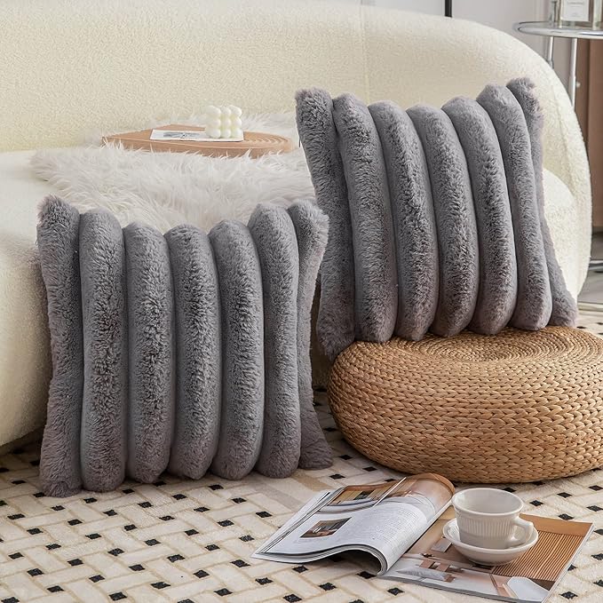 Neelvin Grey Faux Fur Cozy Soft Striped Decorative Throw Pillow Covers 12x20 inch Set of 2,Velvet Pillowcase Cushion Case for Sofa Couch