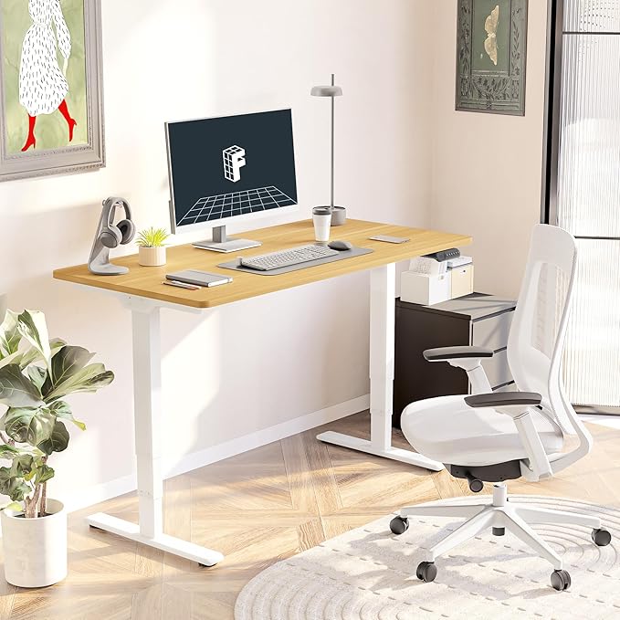 FLEXISPOT E6 3 Stages Dual Motor Electric Standing Desk 55x28 Inch Whole-Piece Board Height Adjustable Electric Sit Stand Desk(White Frame + Maple Desktop, 2 Packages)
