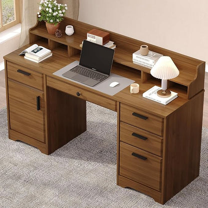 Executive Desk with File Drawers,Computer Desk with Storage,58 Inch Home Office Desk with Storage Cabinet for Bedroom, Rustic Brown