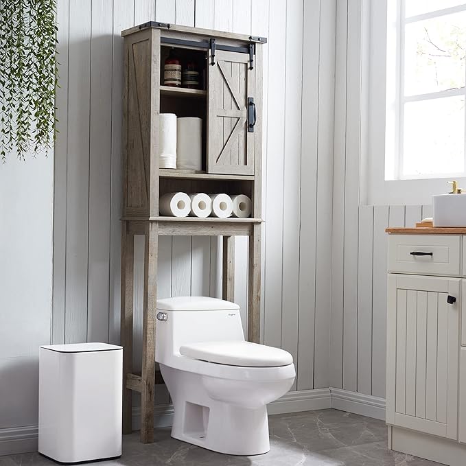 OKD Over The Toilet Storage Cabinet, Farmhouse Storage Cabinet Over Toilet with Sliding Barn Door & Adjustable Shelves, Home Space Saver for Bathroom, Living Room, Light Rustic Oak