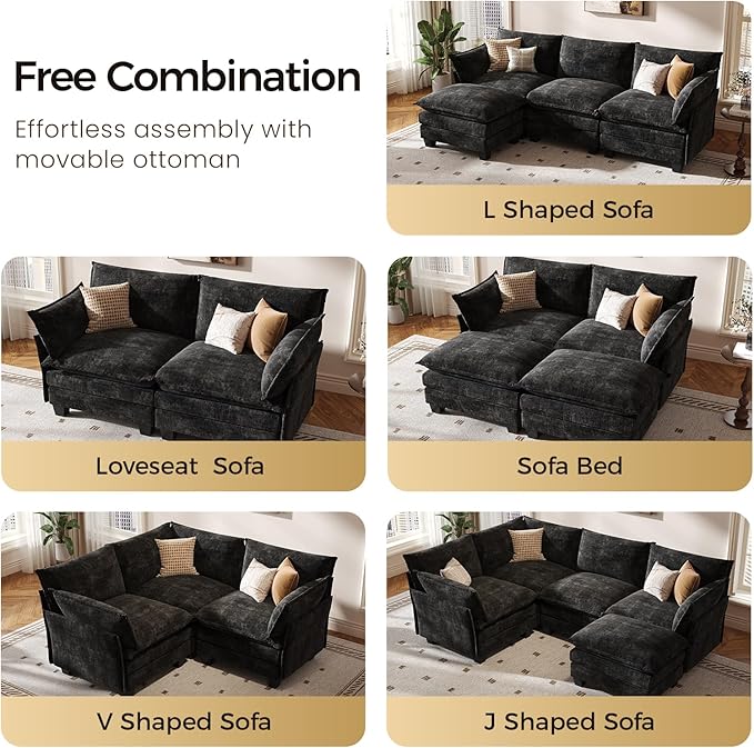 KKL Modular Sectional Sofa, V-Shaped 3 Seater Cloud Couch with Ottoman, Chenille Modern Sectional Couches for Living Room, Apartment Black