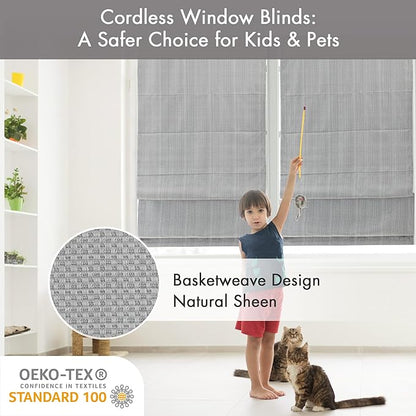 Madison Park Galen Cordless Roman Shade, 34"W x 64"H, Sheen Grey – Room Darkening, Thermal Insulated, Energy Efficient Window Blind with Subtle Sheen Basketweave Fabric for Privacy