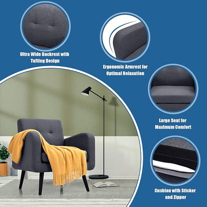 Giantex Upholstered Accent Chair Set of 2, Modern Mid Century Linen Fabric Living Room Chair with Arms, Max Load 265 Lbs, Comfy Tufted Single Sofa for Reading, Bedroom, Office, Club, Grey