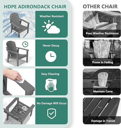 Adirondack Chair Set of 8, All Weather HDPE Fire Pit Chairs, Oversized Plastic Adirondack Chair for Outdoor, Balcony, Deck, Backyard, Patio, Garden, Poolside, Lawn Grey