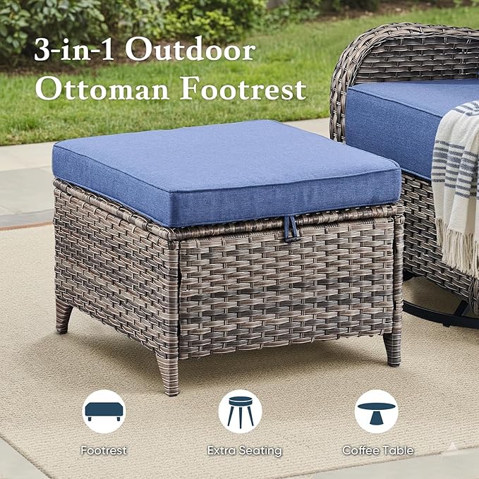 Belord Luxury 6" Thick Cushioned 5 Pieces Patio Furniture Set with 2 Ottomans, Wicker Outdoor Conversation Set with High Back Swivel Rocker Patio Chairs for Deck Porch Yard and Poolside - Grey+Blue